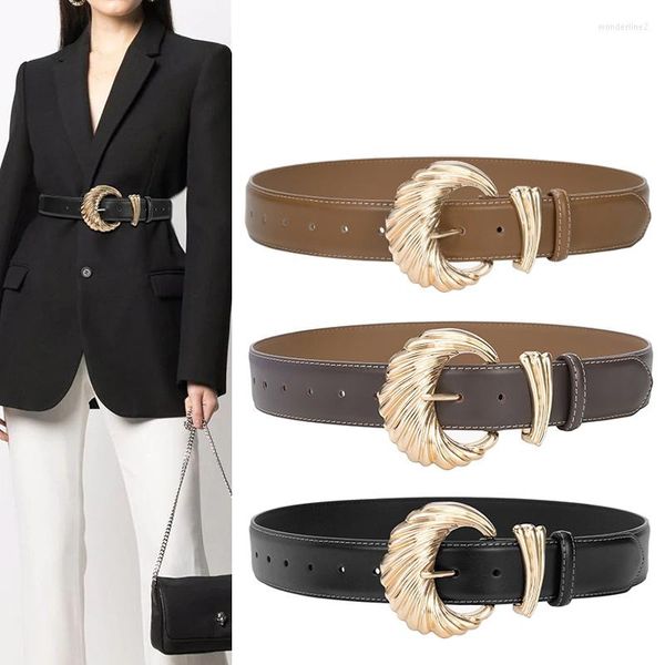 Cinto cinturão cinto de designer de moda para mulheres luxo ladrão de ouro escultura em forma de ventille fivela de couro genuíno de 3,8 cm de senhoras girdlestrap