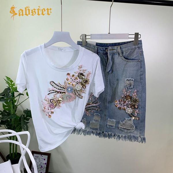 Ternos 2019 Mulheres Lantejoulas Flor 3D Camisetas de Algodão + Saia Jeans 2 PCS Conjuntos de Roupas Casuais Mid Bezerro Saias Ternos XZ047