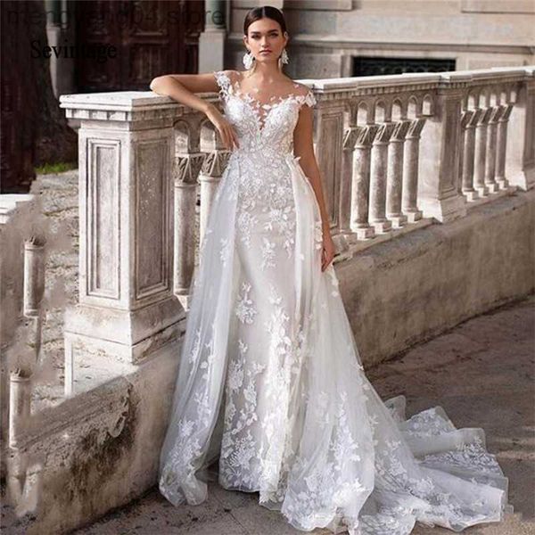 Abiti da festa Sevintage Abiti da sposa a sirena Appliques in pizzo Abiti da sposa senza schienale Gonna rimovibile Abito da cerimonia nuziale Boho Robe De Mariee T230502