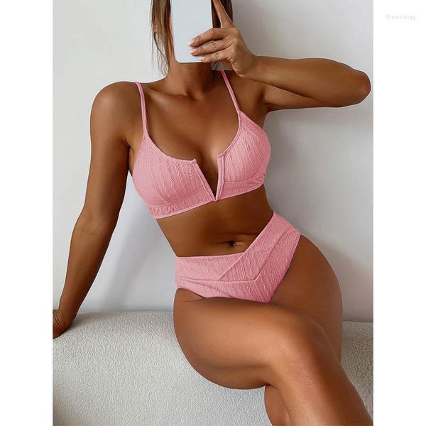 Costumi da bagno da donna Bikini sexy a vita alta Costume da bagno solido con scollo a V da donna 2023 Costumi da bagno push-up a costine da donna Set da bagno Abbigliamento da spiaggia Rosa