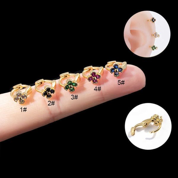 Brincos de aro de flores brilhantes na moda Coréia Brincos de cobre incrustados de cobre com colorido anéis de piercing de zircônia cúbica para mulheres cartilagem de jóias de fivela de orelha pequena