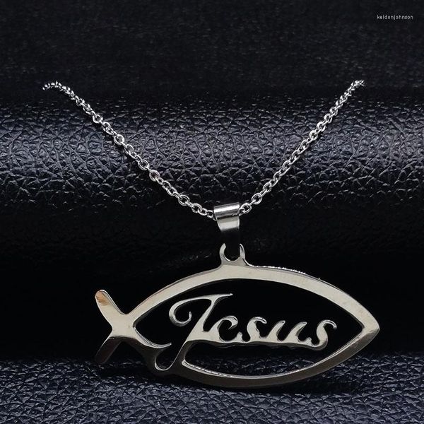 Colares pendentes Pesca Jesus colar de aço inoxidável para mulheres jóias cor de cor de cor de prata jóias colares n1043s08