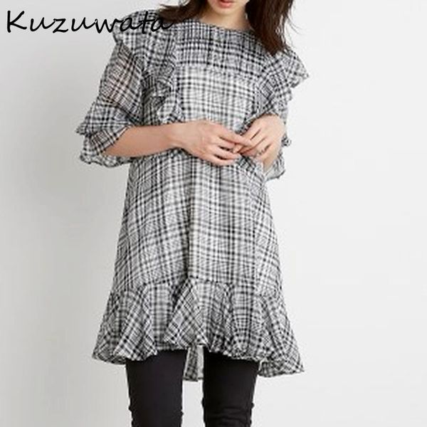 Damenblusen Shirts Kuzuwata O-Ausschnitt Pullover Langarmbluse Damen High Wiast Hip A Line Slim Blusas Elegant Rüschen Chiffon Shirt F