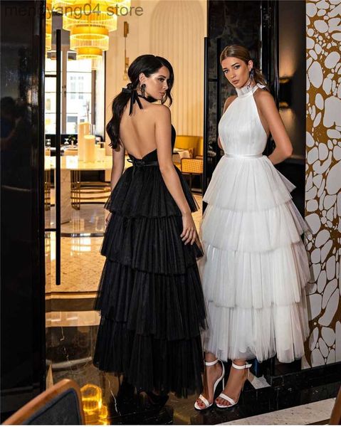 Parti Elbiseleri Verngo Yuafı Seksi Sırtsız Düğün Elbiseleri Organza Katmanlı Şerit Sash Ayak Bileği Uzunluğu Balo Gowns Beyaz/Siyah Resmi Giyim T230502