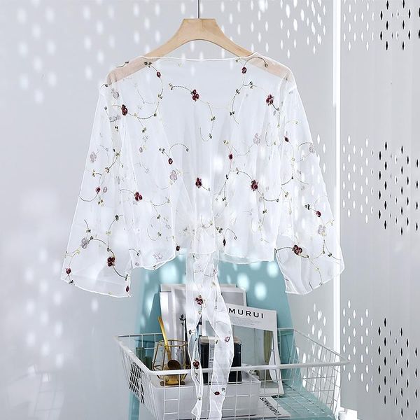 Damenblusen Frauen Mesh Sheer Cover Ups Shirts Tops Blumenstickerei Langarm Durchsichtige Strickjacke Bluse Strand Stil Schal