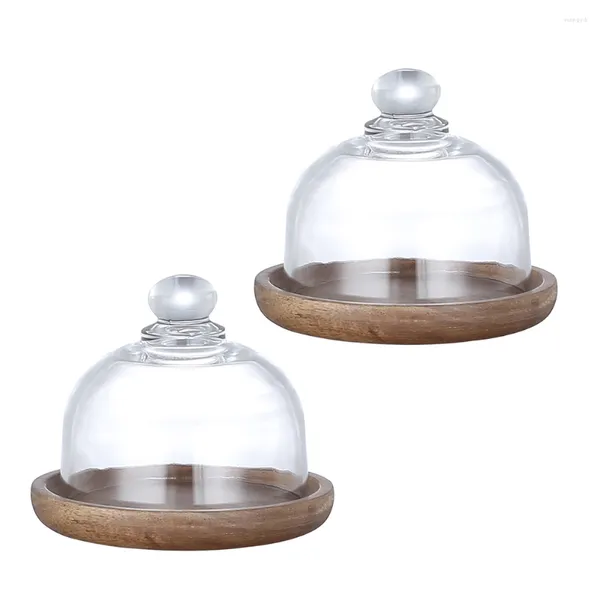 Conjuntos de utensílios de jantar 2 Cupcake Server Terrarium tampa de vidro Dome cloche minúsculo bandejas de biscoitos tampas de madeira MUFFIN RECIMENTO Tampa transparente