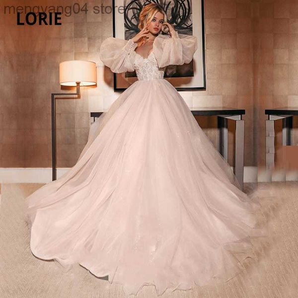 Abiti da festa Abiti da sposa scintillanti Appliques con maniche a sbuffo Pizzo con spalle scoperte Tulle lucido A-Line Boho Abito da sposa 2021 abiti da sposa T230502