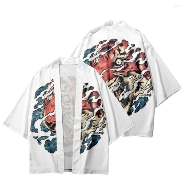 Roupas étnicas moda tigre tigre estampado Cardigan de cosplay branco Haori praia yukata tradicional quimono japonês roupas de rua