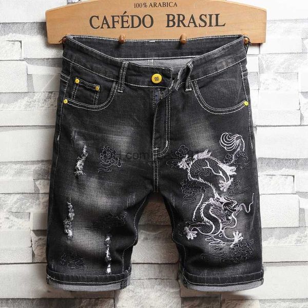 Shorts masculinos homens bordados de bordado chinês shorts jeans Slim Knee Length Personalidade Moda Black Black Stretch Cotton Denim Shorts T230502