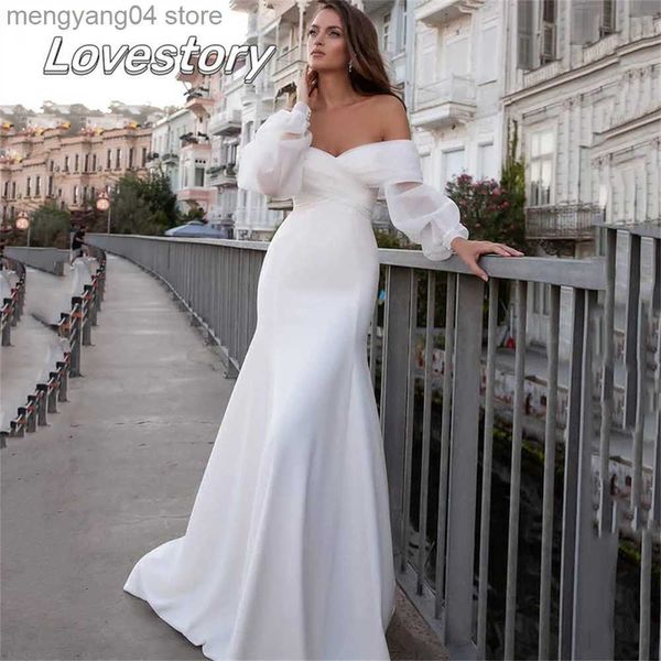 Abiti da festa Romantico Maniche a tre quarti Abiti da sposa a sirena in raso sexy Spiaggia con spalle scoperte Abiti da sposa con scollo a V Boho Vestidos De Novia T230502