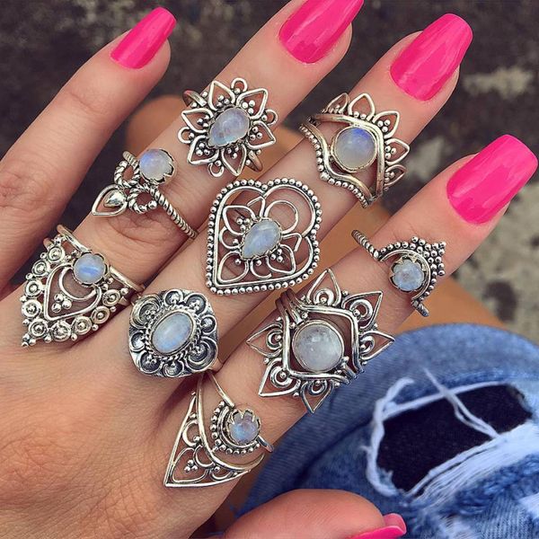 9pcs/ conjunto de anéis para mulheres cor prata cor branca gemstone punk bohemia Crown Star Star Metal Halloween Vintage Anel feminino