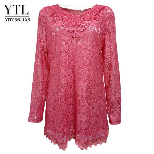 T-shirt YTL Donna Taglie forti Retro Solido Rosa Floreale Camicetta di pizzo Manica lunga Scollo a V Crochet Tunica Top Camicie da donna Tee 6XL 7XL 8XL H026