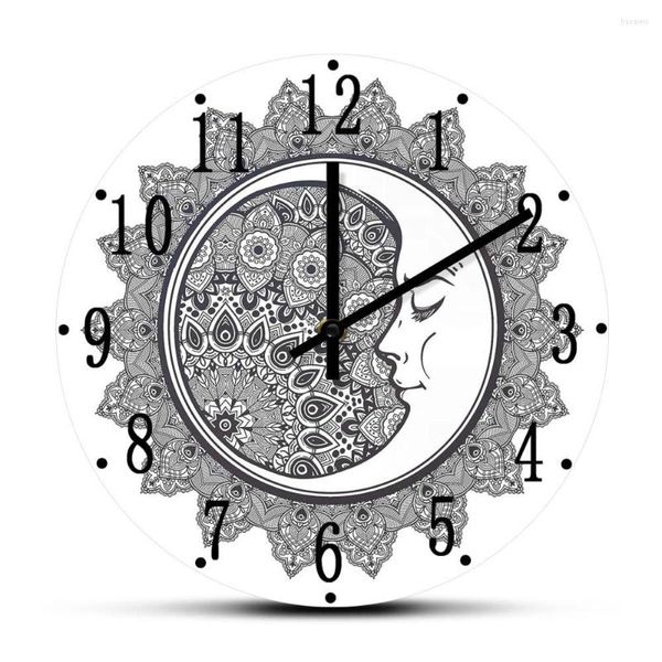 Wanduhren Halbmond mit ethnischer Folklore-Uhr für Wohnzimmer, böhmische Wohnkultur, Uhr, Sternzeichen, Mandala, Kunstwerk, Zeitmesser