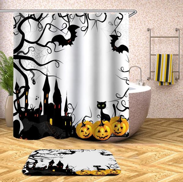 Tende Tenda da doccia per bagno Pipistrello di Halloween Lanterna di zucca Tende da bagno impermeabili per vasca da bagno Copertura grande e larga 12 pezzi Ganci
