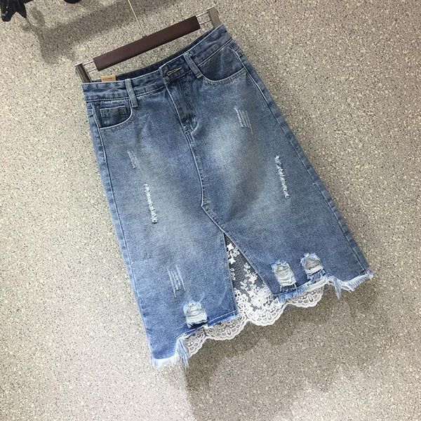 Etekler Ailegogo Bahar Yaz Kadınlar Denim Street Giyim Yüksek Bel Deliği Bölünmüş Etek Sıradan Dantel Düzensiz A-Line