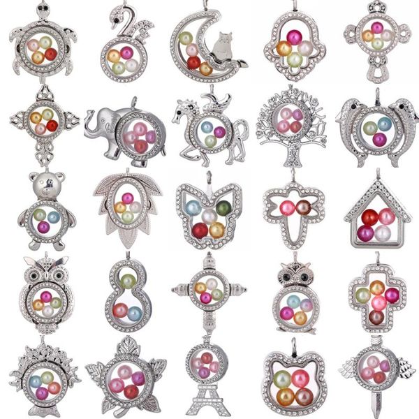 Colares pendentes de memória viva flutuante Memória Fit Fit 8mm Miã de 8mm Pearl Gage Rhinestone PO Charms com colar de corrente de aço ou NOPLENTE