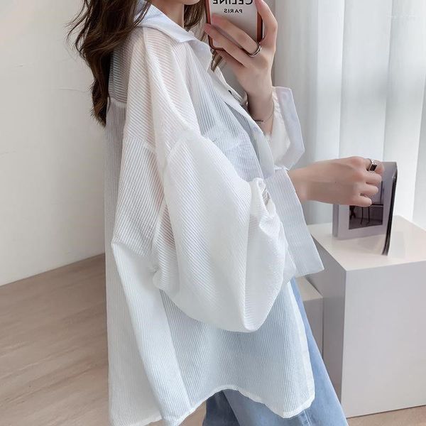 Blouses feminina ebaihui branca transparente chiffon blusa chique feminina verão superdiz bufk manga longa camisa coreana cardigã básico pura