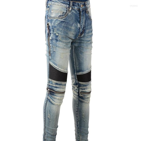 Jeans masculinos masculinos #A606 Biker Ribs zíperes Slim Pu Couather Rapped Patch Work Blue Washed Stretch Motor Jean Tamanho 28-40