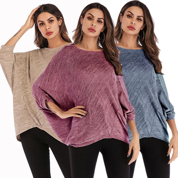 Camisetas T Women Spring e Summerwomen Solid Color de meia mangueira alta alta Captura solta casual com mangas de morcego