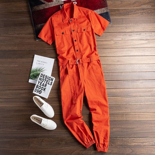 Herrenhosen Sommer Herren Orange Kurzarm Overall Hip Hop Casual Multi-Pocket Einfarbige Overalls Modehose