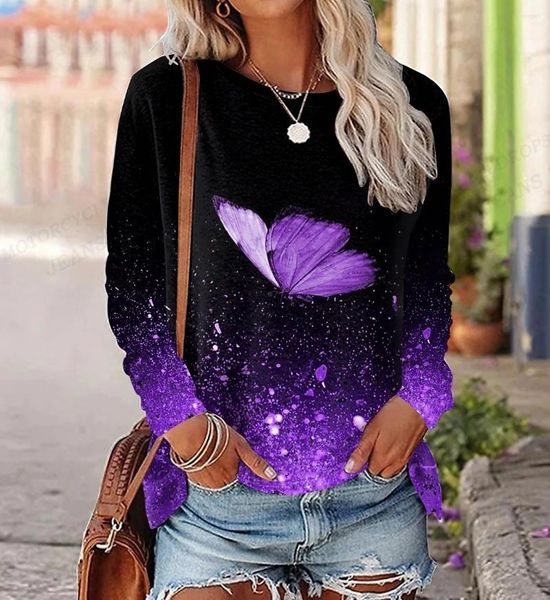 Felpe con cappuccio da donna Felpa con cappuccio a farfalla Moda donna Kawaii O-collo Felpe Trifoglio Blu Viola Pittura Con cappuccio Abbigliamento Cappotto Ragazza