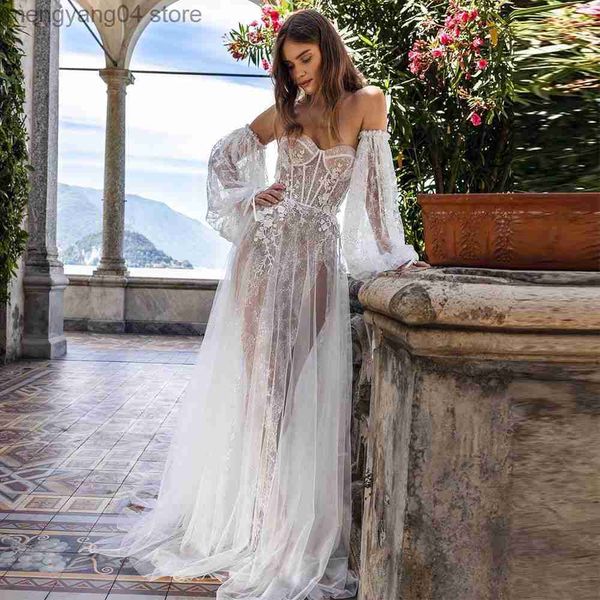 Abiti da festa Sevintage Boho Maniche a sbuffo Abiti da sposa Applicazioni in pizzo Fiori 3D Sweetheart Illusion Abito da sposa Abiti da sposa principessa T230502