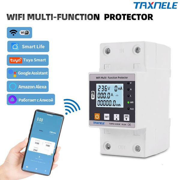 Contatori di energia 63A TUYA WiFi Smart Earth Leakage Over Under Voltage Protector Relay Circuit Breaker Timer Potenza kWh Meter Life 230428