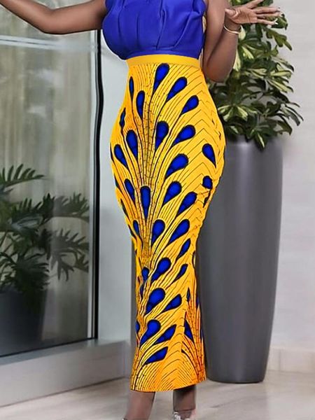 Kleider Afrikanische Frauen Bedruckter Bleistiftrock mit hoher Taille Gelb Blau Pfauenfedermuster Midiröcke Stilvoller Partyabend Große Größe