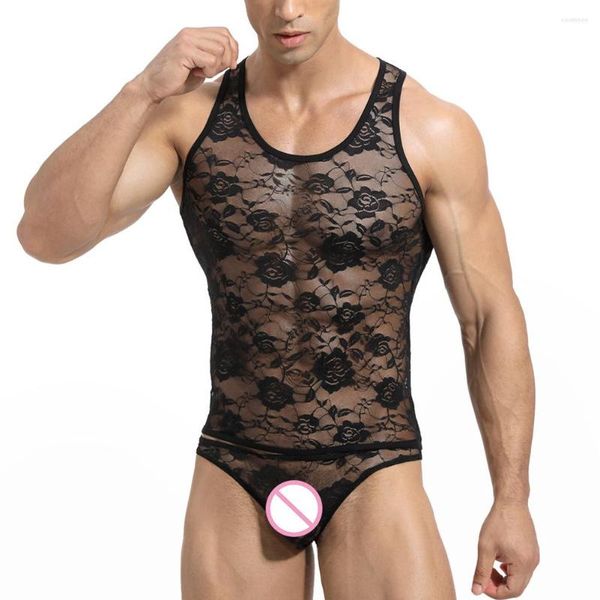 Tanques masculinos tops gays gays pura renda sem mangas camisetas maricas transparentes colete floral sub-camisetas sexy masculina se vê através de singlets