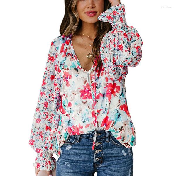 Camicette da donna Fashion Lantern Top a maniche lunghe 2023 Camicia in chiffon con lacci con scollo a O dolce Camicetta con motivo floreale stampato sciolto primavera estate