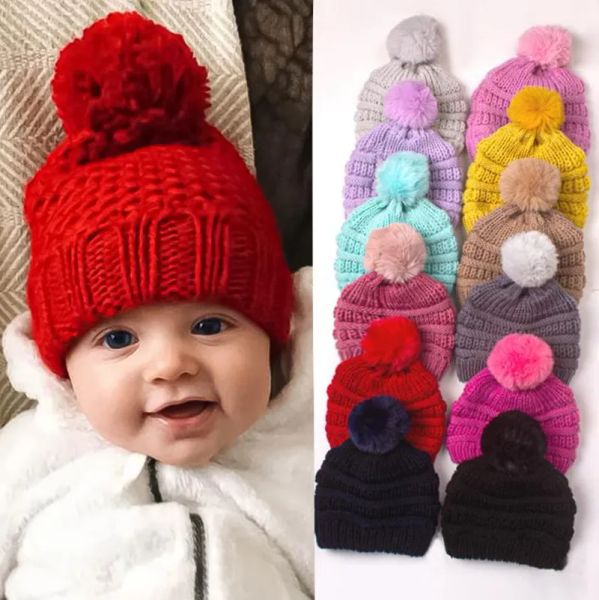 Ins Baby Hut Designer Kinder gestrickte Mützenkappen mit Haarball Winter warmes Kleinkind verdicken Hüte Junge Mädchen Kopfbedeckung in festen Farben für 1-2t