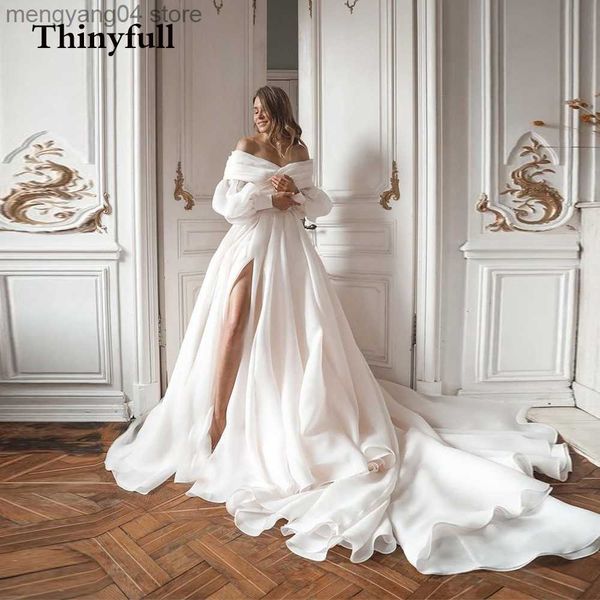 Abiti da festa Abiti da sposa lunghi morbidi da spiaggia con spalle scoperte Maniche a sbuffo Boho Abiti da sposa da sposa Abiti da principessa con spacco laterale Abiti T230502