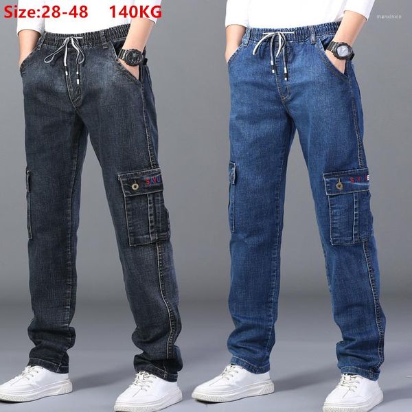 Herren Jeans Cargo Herren Elastisch Plus Größe 48 46 44 42 Hose mit hoher Taille Gerade Arbeitshose Lässige Stretched Black Denim Streetwear