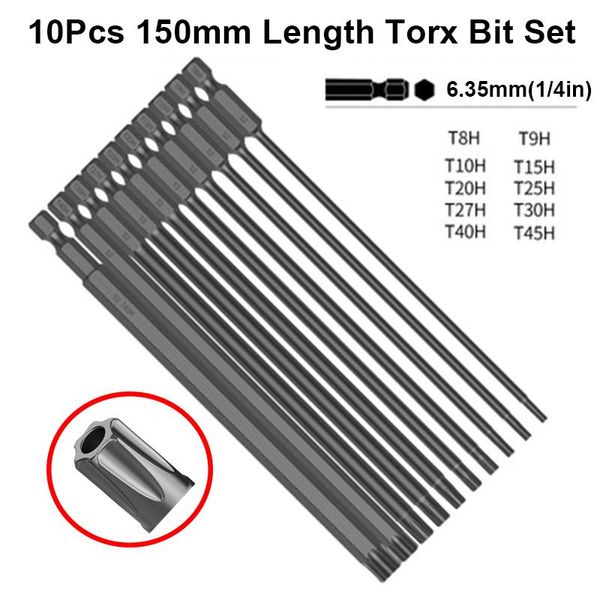 Schroevendraaier 10 Stück lange Torx-Schraubendreher-Bits, 150 mm, schwarz, Torx-Bit-Set mit Loch, S2-Stahl, magnetisches Torx-Kopf-Bohrer-Bit-Werkzeug