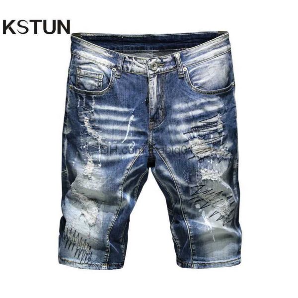 Erkek şort yırtılmış kot pantolon denim şort streç hip hop boyalı yama wok slim fit sokak kıyafetleri trend yok edilmiş vintage erkek şort t230502