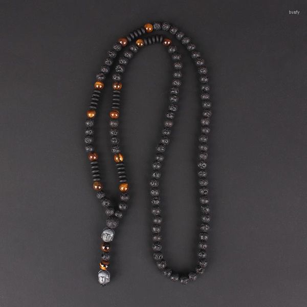 Collane con ciondolo Collana con testa di Buddha in pietra lavica nera naturale vintage con occhio di tigre per uomo Gioielli fatti a mano N012