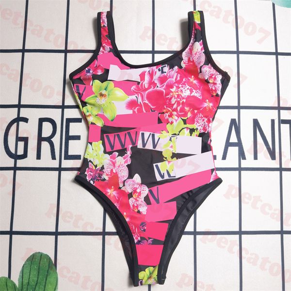 Costume da bagno intero con motivo floreale rosa, logo con lettera, bikini, doppio lato, costume da bagno intero primaverile all'aperto