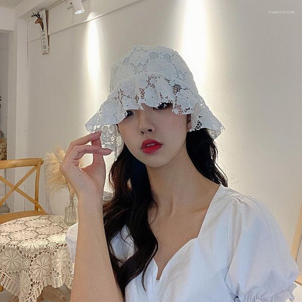 Boinas 2023 Chapéu de renda coreana para mulheres Soft Hollow Out Flower Brim Sun Hats Sun Fluppy Summer Dress Ladies Bucket