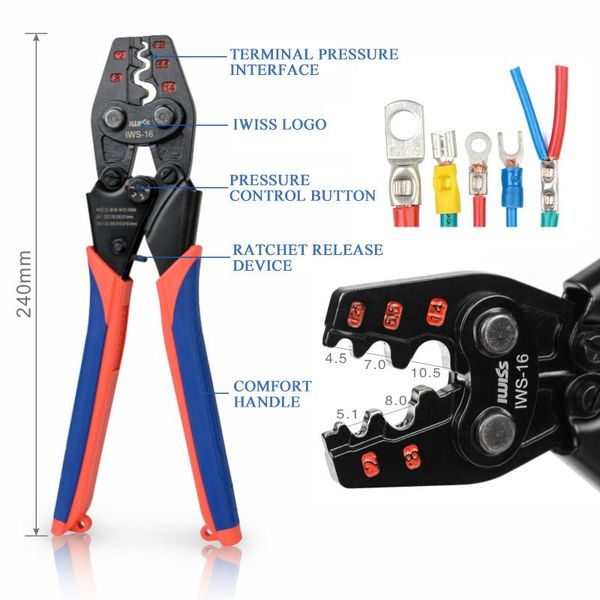 Tang IWS16 Crimper Plier IWISS Ratchet Críticas Ferramenta para terminais não isolados AWG 226 Dispositivo de regulamentação da mandíbula polida