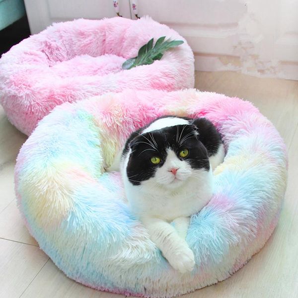 Tappetini Letto per gatti per il sonno profondo Cuccia per gatti per animali domestici Cuccia rotonda lunga in peluche calda per l'inverno Cuccia per cani Teddy arcobaleno Colori Forniture per gatti