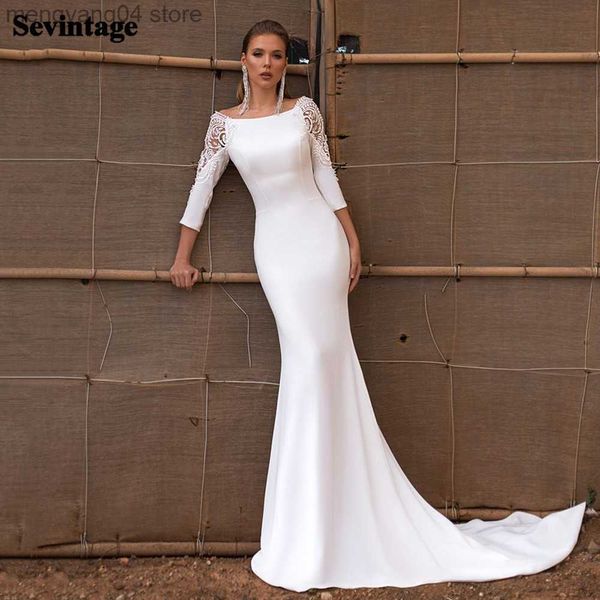 Abiti da festa Semplice sirena Abito da sposa in raso morbido Maniche a 3/4 Appliques principessa Abiti da sposa in pizzo Boho Corte dei treni Plus Size Abito da sposa T230502