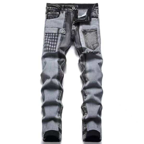 Calças jeans masculinas modernas da moda jeans de grife azul buraco lavado casual ajuste perna reta calça juvenil estampada com rebite jeans preto bordado meninos kecks