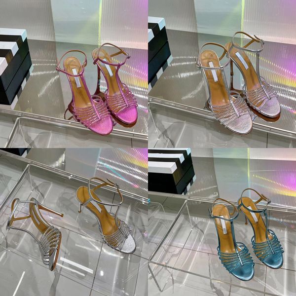 2023designer reine Farbe Runde Kopf High Heel Sandaletten Damen Luxus 100% Leder Silber / Rosa / Blau Offene Zehe Kristall Sandale Dame Sexy Mode Riemchen Stöckelschuhe