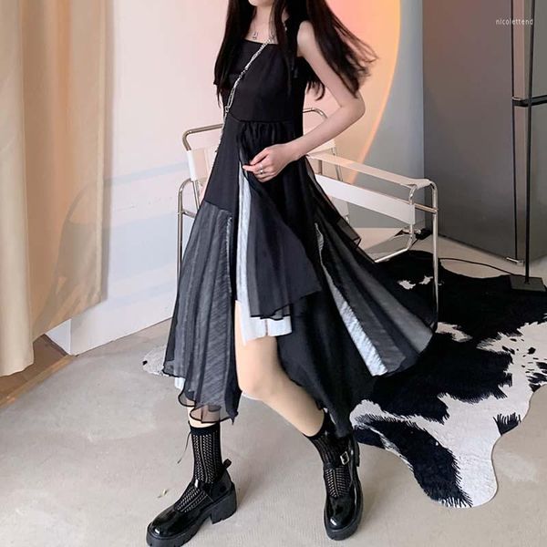 Partykleider Einteiliger Sommer Gothic Black Style Unregelmäßiges Frauenkleid Japanisch Harajuku Spaghettiträger Mode Spitze Spleißen Weiblich