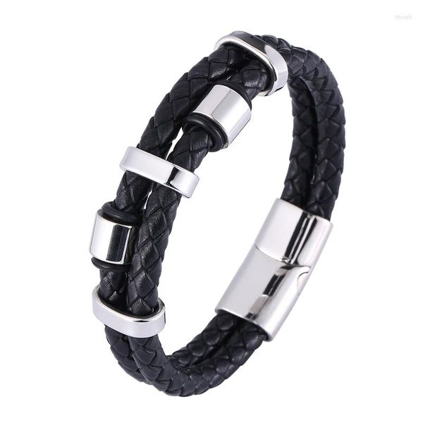 Pulseiras de charme moda moda dupla de couro genuíno tecido de pulsação masculina para homens de aço inoxidável fivela de fivela masculina sp1358