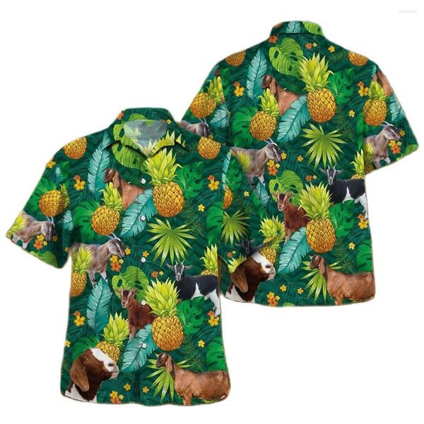 Camicie casual da uomo Jumeast Nubian Goat Tropical Pineapple Fruit- Camicia hawaiana da uomo Bovino Maiale Cutecore Llama Beach Camicetta Allevamento di polli