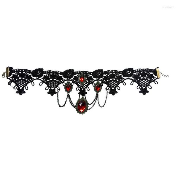 Choker 1Pcs Gothic Schwarze Spitze Halloween Rot Strass Charms Vampir Halskette Cocktail Abend Party Kleid Schmuck