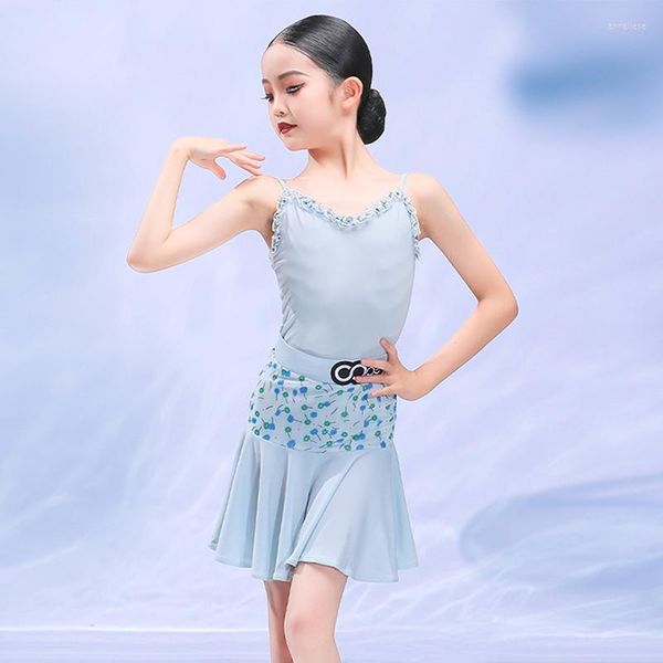 Стадия носить детское голубое латиновое танцевальное платье для девочек летние юбки купальники наряд Chacha Practice Samba rumba Performance Costume YS4018