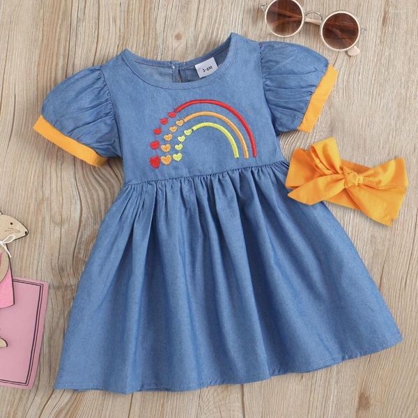 Mädchen Kleider Denim Stickerei Kleid Geboren Baby Mädchen Nette Prinzessin Sommer Kurze Puffärmel Eine Linie Böhmische Mode Vestidos Kleidung