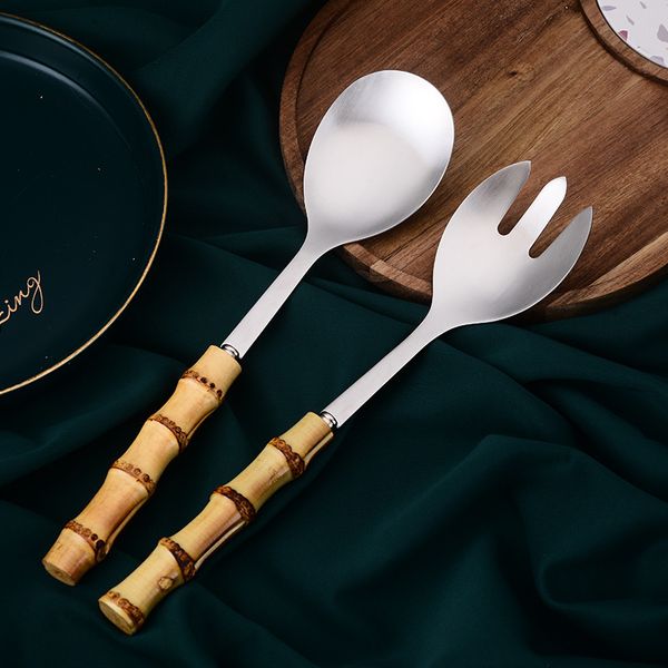 Conjuntos de utensílios de jantar 304 Salada de aço inoxidável Salada Spoon Bamboo NOT HANGELA LONGO EL ALIMENTO OCIDENTAL DIVIDADE DISHE SPAR